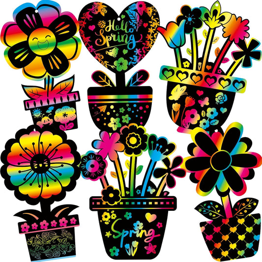 Treasure Cove Flower Scratch Cards Spring Scratch Paper DIY Flower Pot Magic Color Art Crafts Summer Craft for Kids Home Classroom School Fun Activities 24Pcs