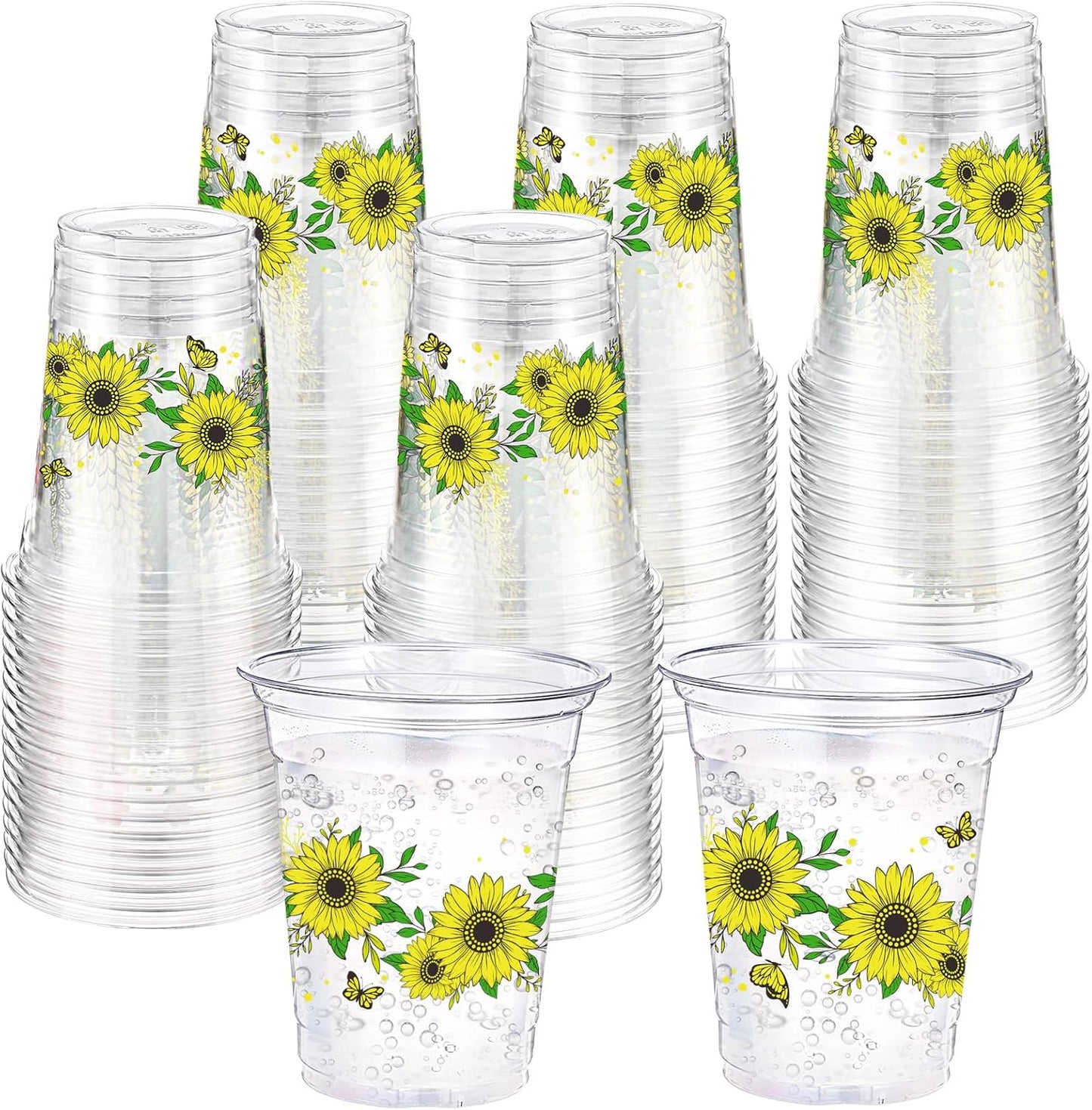 Hushee 60 Pcs Purple Floral Cups with Spring Summer Flower 16 oz Wildflowers Plastic Disposable Drinking Cups for Summer Spring Birthday Baby Shower Wedding Party Supplies