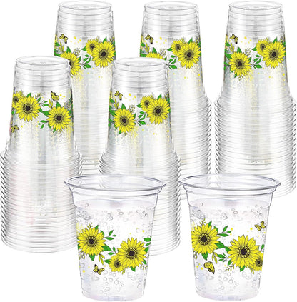 Hushee 60 Pcs Purple Floral Cups with Spring Summer Flower 16 oz Wildflowers Plastic Disposable Drinking Cups for Summer Spring Birthday Baby Shower Wedding Party Supplies
