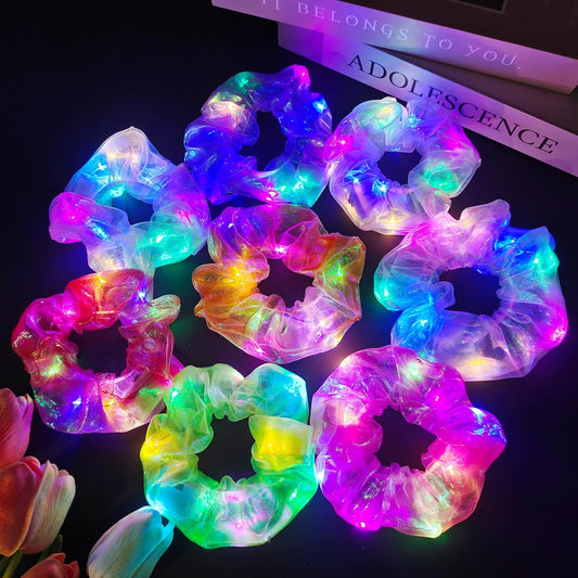 8 Pcs Light Up Hair Scrunchies for Girls Women, Mermaid LED Glow Scrunchies, 3 Light Modes, 8 Hour Glow, Glow Party Accessories for Rave Festival Birthday Slumber Party Favors