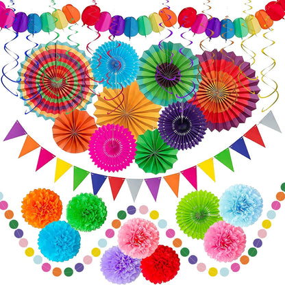 LRCXL 12PCS Party Hanging Paper Fans Set, Fiesta Round Pattern Paper Garlands Decoration Party Supplies for New Year Baby Shower Birthday Wedding Graduation Events Accessories(Yellow)