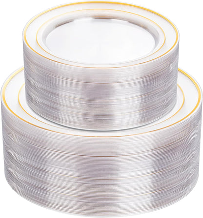 I00000 102 Pieces Gold Plastic Plates, Disposable Party Plates White Gold Rim, 51 Disposable Gold Dinner Plates 10.25 Inch and 51 Disposable Dessert Appetizer Elegant Fancy Wedding Plates 7.5 Inch