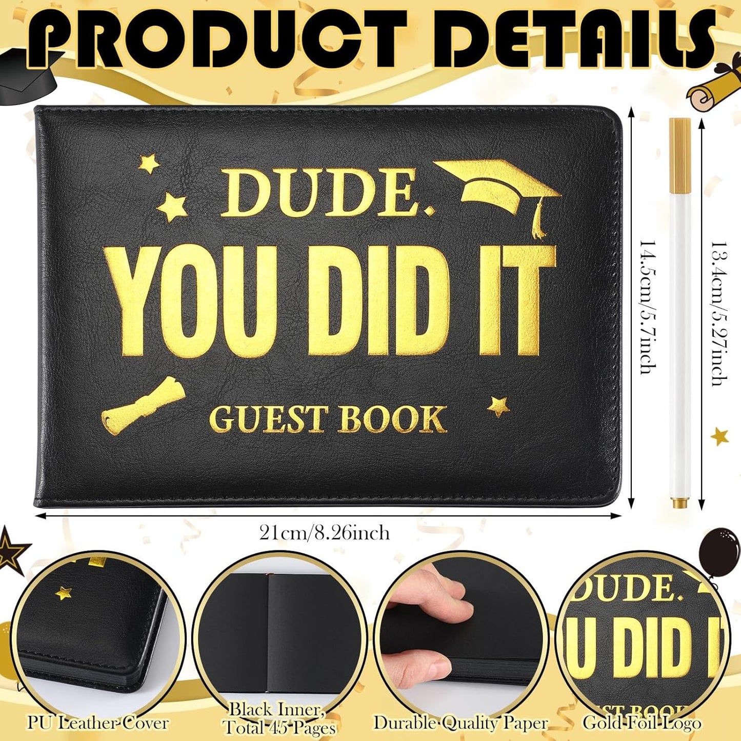Frienda 2026 Graduation Guest Book Leather Guest Sign in Book with Pen Graduation Party Favors Congratulation Graduates Signature Books(Class of 2026,Black, Gold)