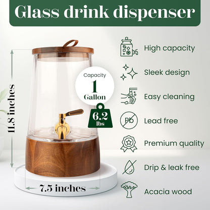 FOODLE Large Glass Drink Dispenser with Spigot - Glass Beverage Dispenser with Stand - Perfect for Parties & Weddings - Pitcher for Lemonade, Water, Sangria, Punch & Juice - Leakproof - 1.72 Gallon