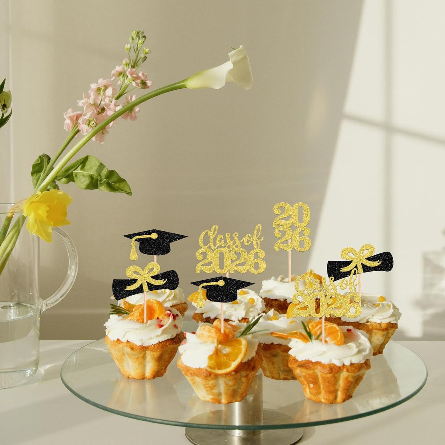 36 PCS 2026 Graduation Theme Cupcake Toppers Glitter Class of 2026 Grad Cap Diploma Cupcake Picks 2026 Graduation Theme Party Cake Decorations Supplies Deep Blue