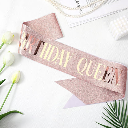 Piriuuo Rose Gold Birthday Queen Sash, Glitter Happy Birthday Sash for Women with Gold Foil 'Birthday Queen' Birthdays Sashs for Girls Women