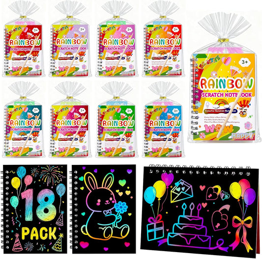 HONLYNE Scratch Art Crafts Party Favors, 18 Pack Rainbow Notebooks, Coloring Books Supplies Toys, Easter Basket Stuffers, Birthday Party Favors for Kids, Bulk Classroom Prizes for Toddlers