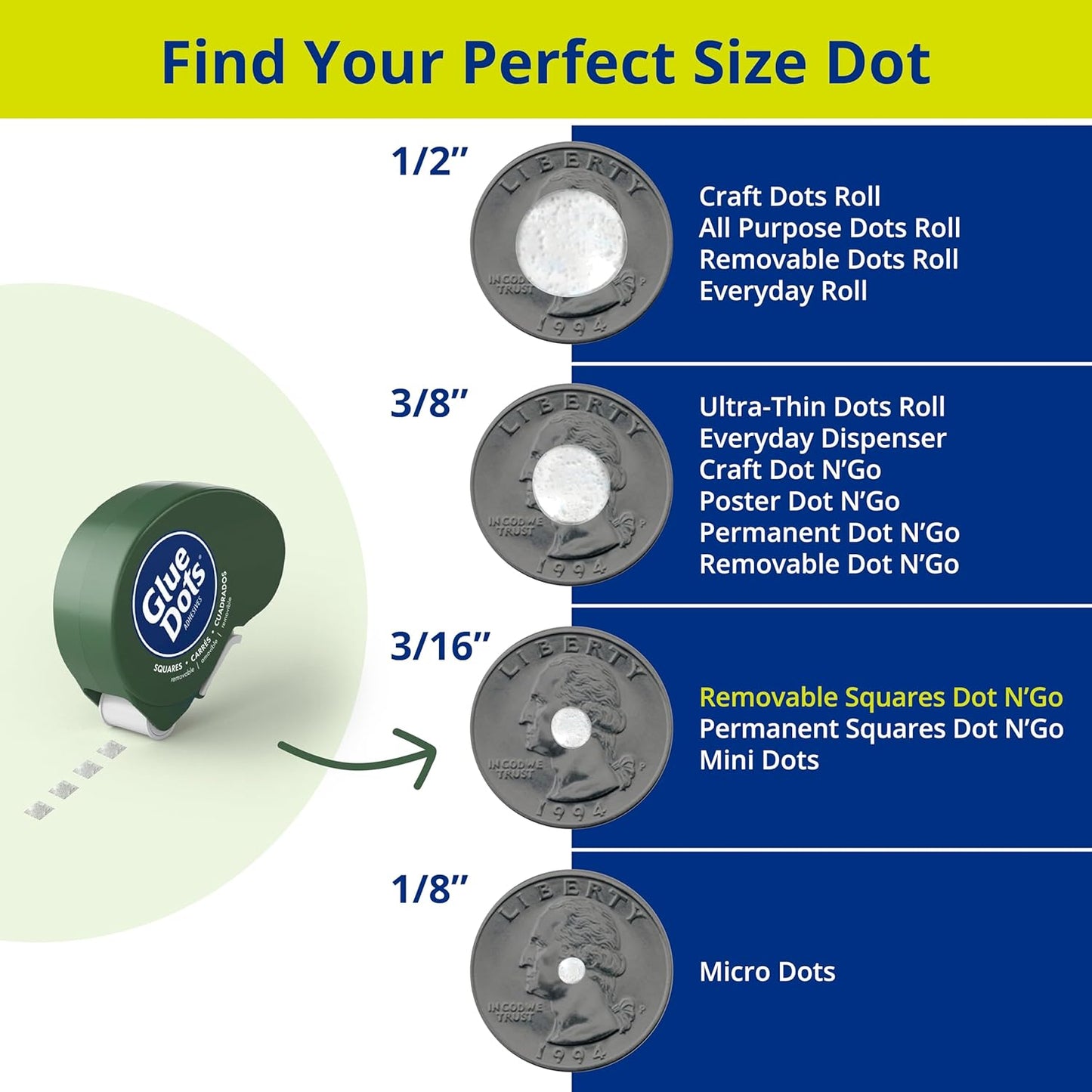 Glue Dots GLU23681 Removable 3/16" Square Dispenser 450Pc Dispenser Glue Sq Runremovable, Clear