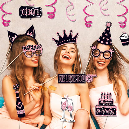 36 PCS Birthday Photo Booth Props Party Supplies Holiday Picture Decorations Photo Booth Props for Birthday Party Favors Pose Sign Kit Fun for Party (Purple and Black)
