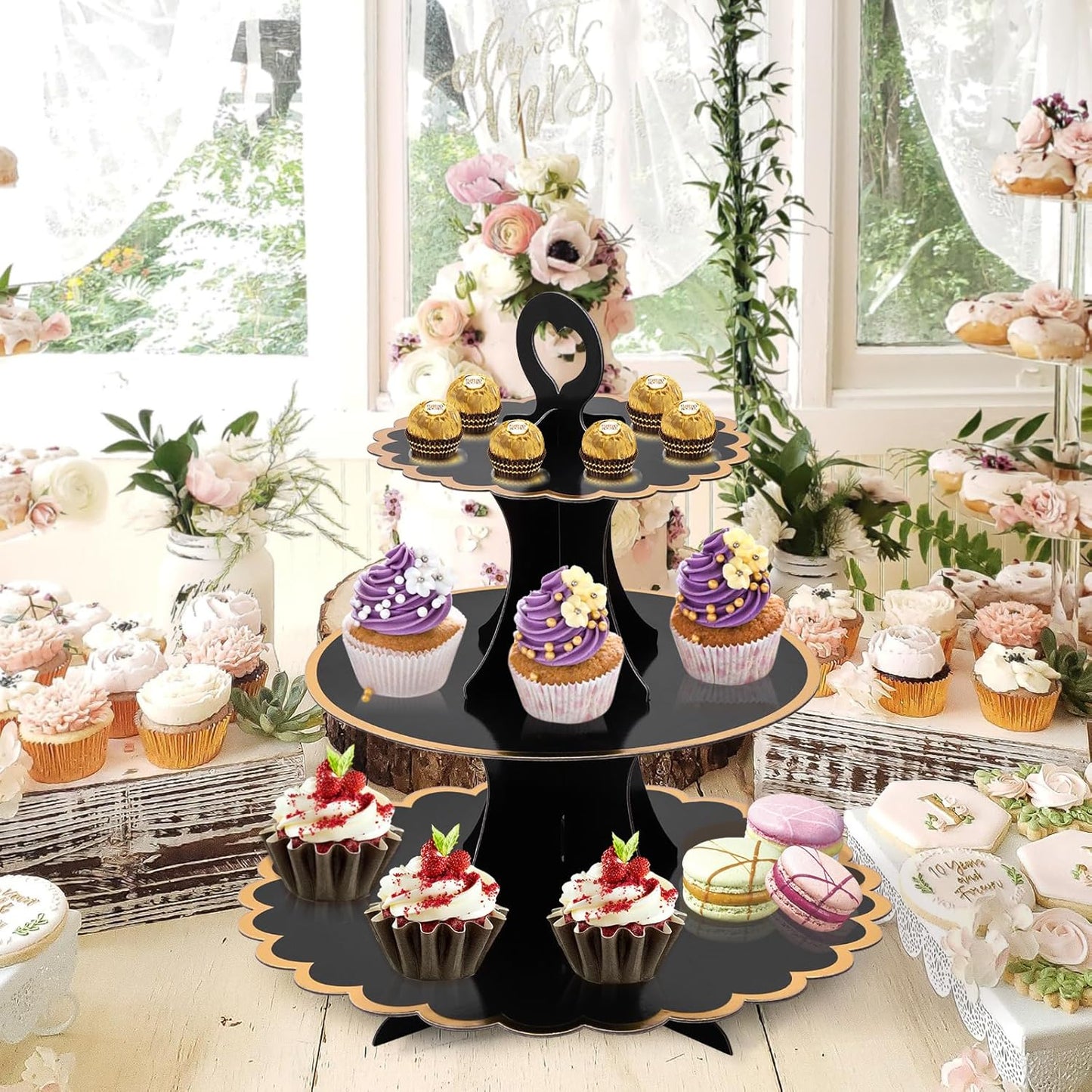 Soleebee 3-Tier Cupcake Stand, Cardboard Cupcake Tower, Cup Cake Stand Tower for Birthday Wedding Party Decoration, Cupcake Tier Stand Desserts Display 1 Set (Purple Gold)