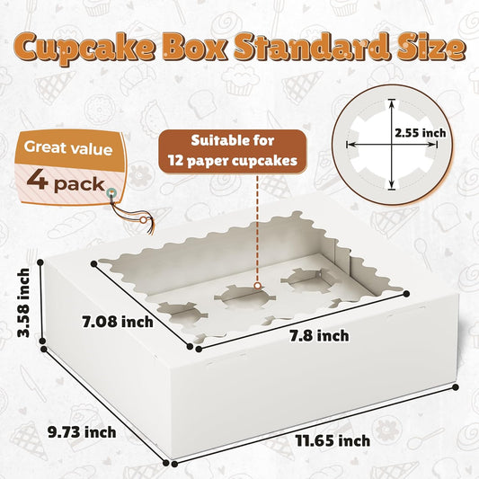 RYDDOY 4 Pack Cupcake Boxes, Hold 12 Standard Cupcakes, Cupcake Containers with Window and Inserts, High Grade Cupcake Holder, for Birthday Holiday Party, Supplies for Cupcakes, Desserts and More