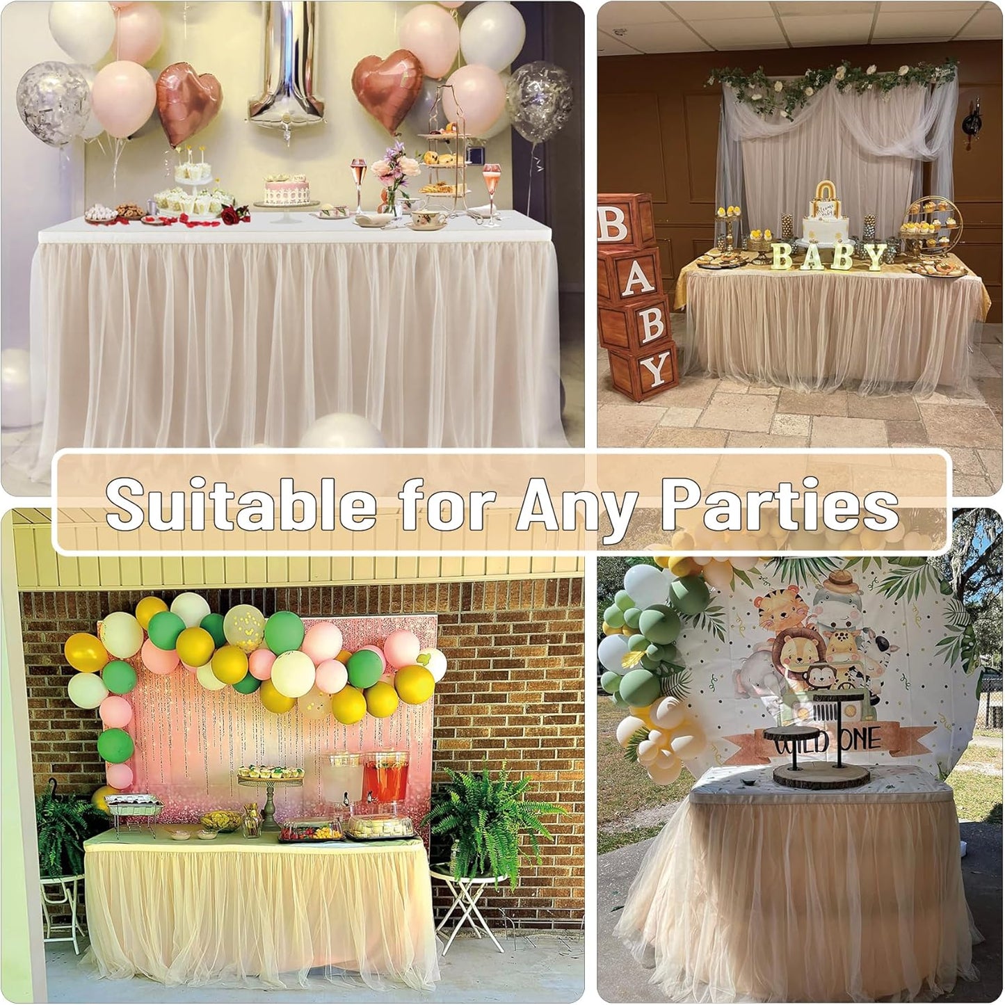 72inch Champagne Gold Tulle Table Skirts for Rectangle Round Tables, Gold Grim Ruffle Tulle Tutu Cloth Table Skirt 6ft for Wedding Birthday Party Cake Dessert Decor(No Top Cover)