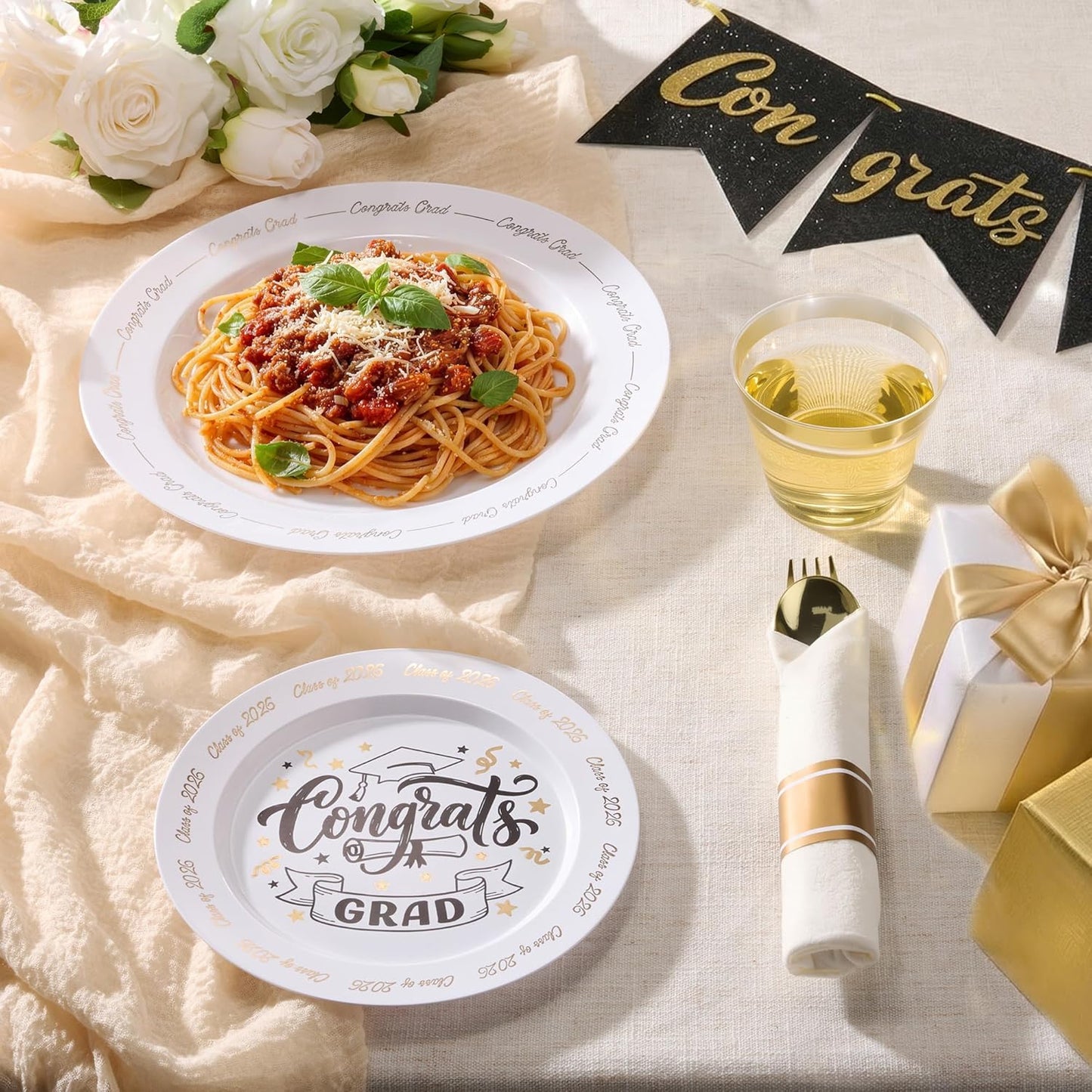 Goodluck 350 Piece Silver Plastic Dinnerware Set for 50 Guests, Fancy Disposable Plates for Party, Include: 50 Dinner Plates, 50 Dessert Plates, 50 Pre Rolled Napkins with Silver Silverware, 50 Cups