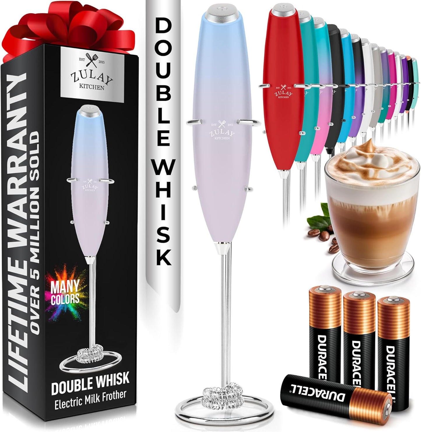 Zulay Kitchen Powerful Milk Frother Wand With Duracell Batteries - Ultra Fast Handheld Drink Mixer - Electric Whisk Foam Maker for Coffee, Lattes, Cappuccino & Matcha - Z1 Motor - Black - Colors B