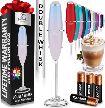 Zulay Kitchen Powerful Milk Frother Wand With Duracell Batteries - Ultra Fast Handheld Drink Mixer - Electric Whisk Foam Maker for Coffee, Lattes, Cappuccino & Matcha - Z1 Motor - Black - Colors B