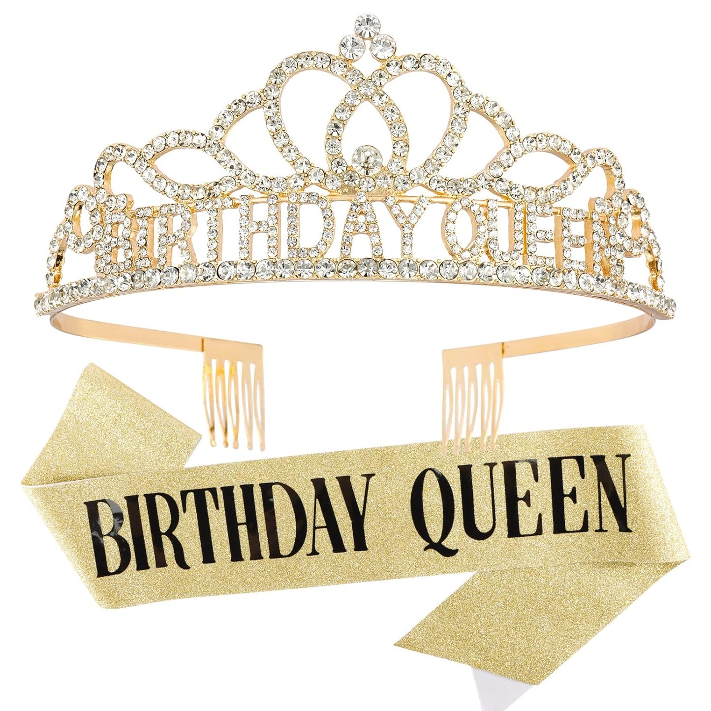 CAVETEE Gold Birthday Crowns and Sash - Queen Tiara for Party Decorations