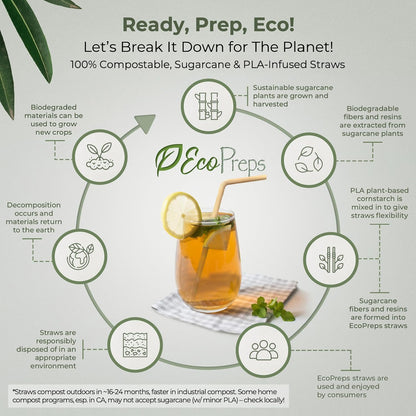 EcoPreps Biodegradable Sugarcane Straws | 150 Count, 100% Compostable, Plastic-Free, & Eco-Friendly Drinking Straw | 7.8'' Sugar Fiber Disposable Straws, Smoothie Straw for Home, Restaurant, Parties
