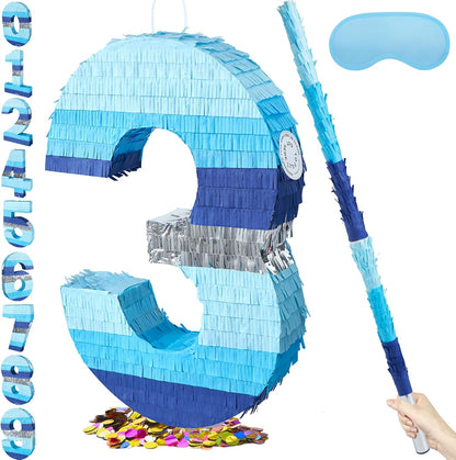 PCFING 20 Inch Number 3 Piñata Blue Silver with 30 Inch Piñata Stick Blindfold Confetti for Boys Girls Adults Birthday Party Decorations, Anniversary Celebration, Fiesta