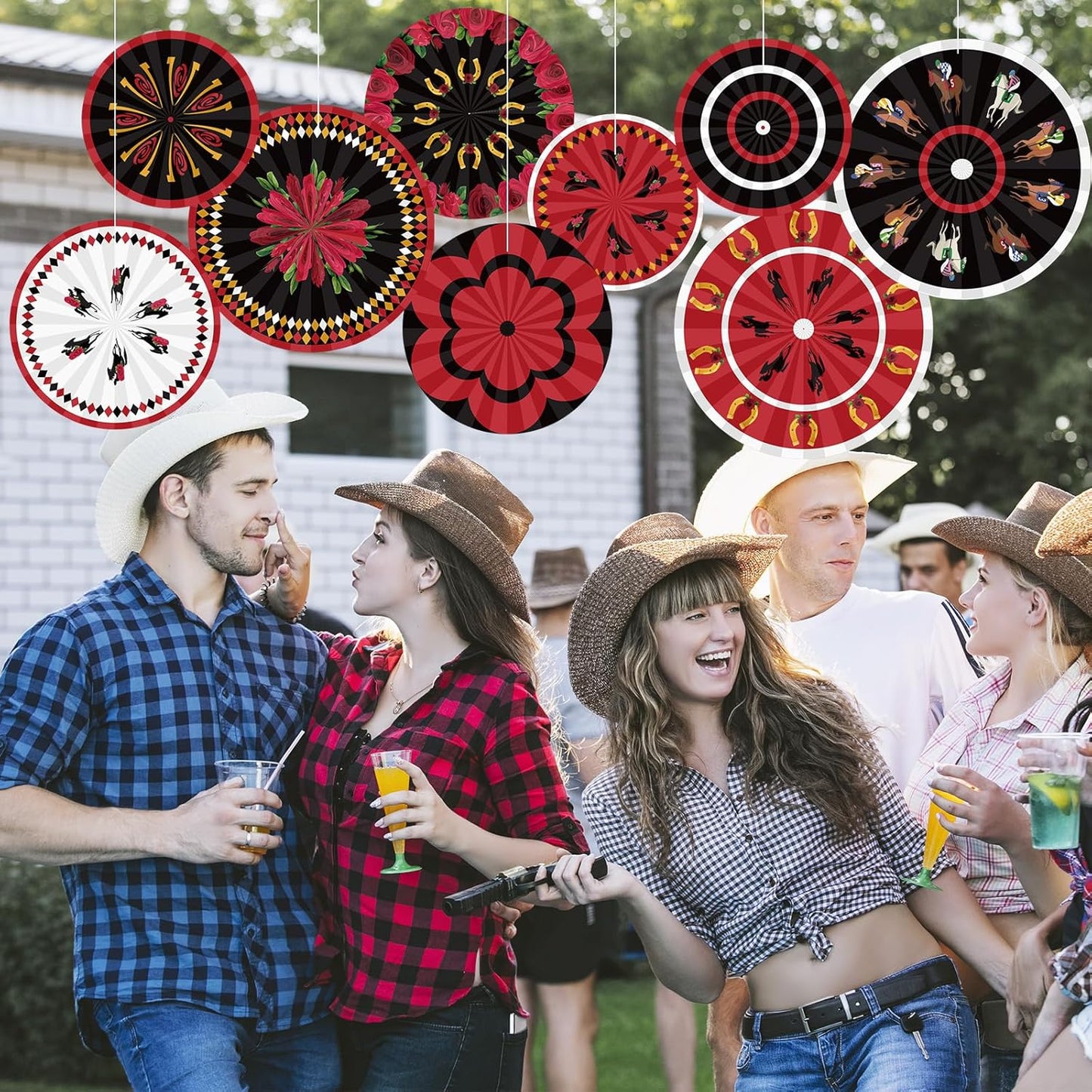 Outus 9 Pcs Western Cowboy Party Decorations Paper Fans Wagon Wheels Straw Hay Bales Hanging Ceiling Wall Decor for Country Western Themed Rodeo Farm Birthday Party Supplies (Wagon Wheels)