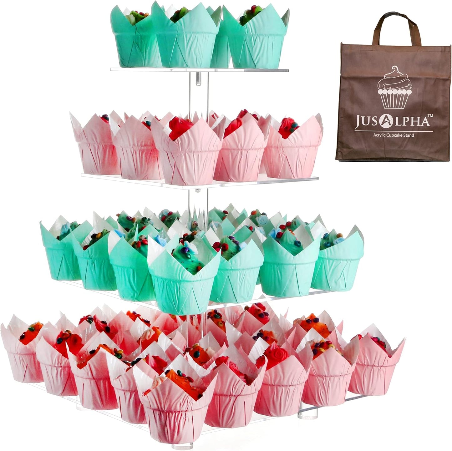 Jusalpha Large 4 Tier Cupcake Stand Square Acrylic Cupcake Tower Stand for Dessert, Pastry, Serving Platter-Candy Bar Party Décor and Supply(with Rod Feet) (4SF-V2)