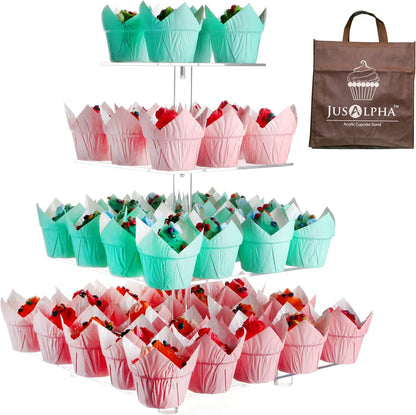 Jusalpha Large 4 Tier Cupcake Stand Square Acrylic Cupcake Tower Stand for Dessert, Pastry, Serving Platter-Candy Bar Party Décor and Supply(with Rod Feet) (4SF-V2)