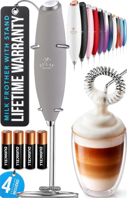 Zulay Kitchen Powerful Milk Frother Wand With Duracell Batteries - Ultra Fast Handheld Drink Mixer - Electric Whisk Foam Maker for Coffee, Lattes, Cappuccino & Matcha - Z1 Motor - Black - Colors D