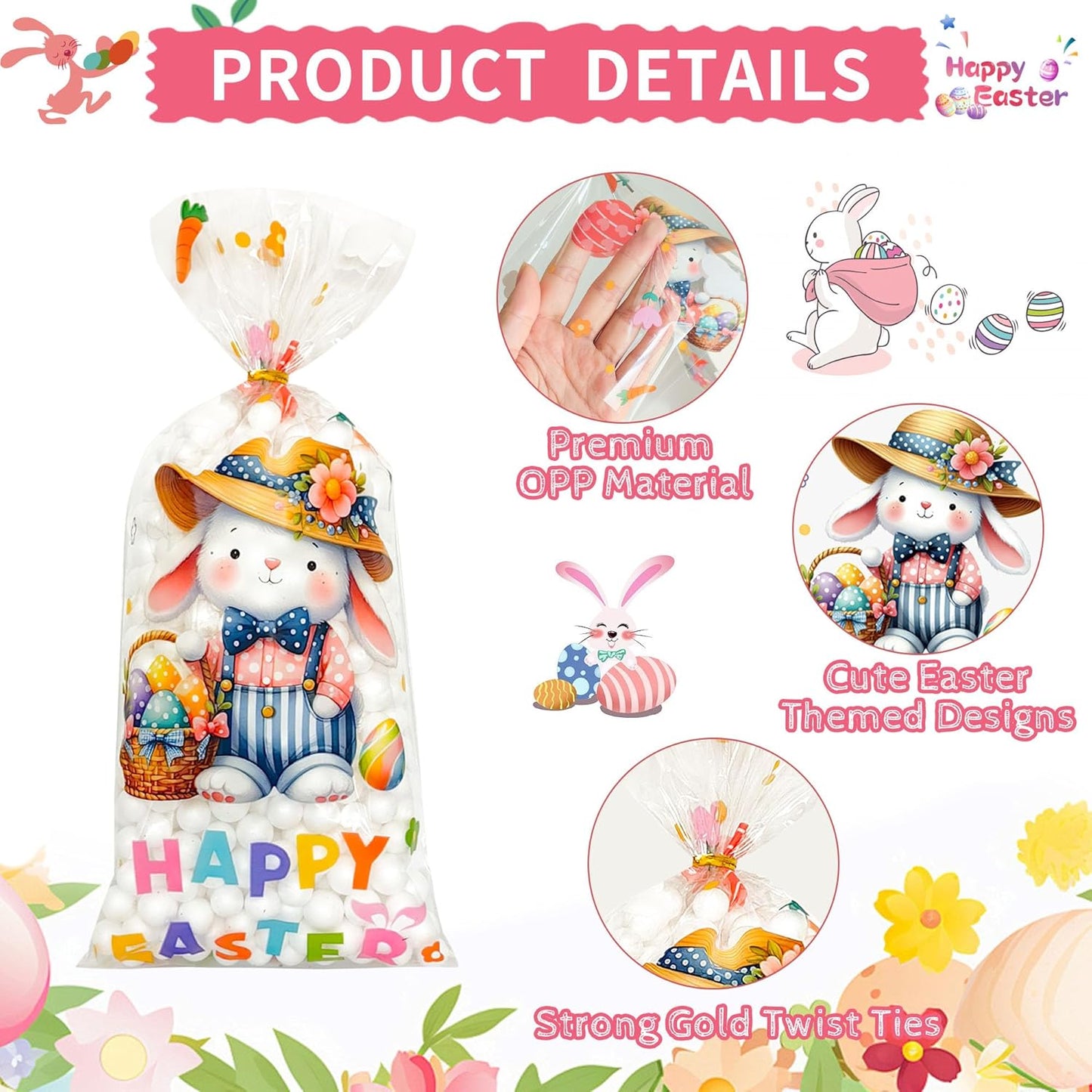 Soarvita Wildflower Cellophane Treat Bags: 50Pack Clear Plastic Floral Goodie Bags with 60 Ties for Cookies Snacks & Gift Packaging, Spring Candy Bag for Baby Bridal Shower Wedding Party Favors
