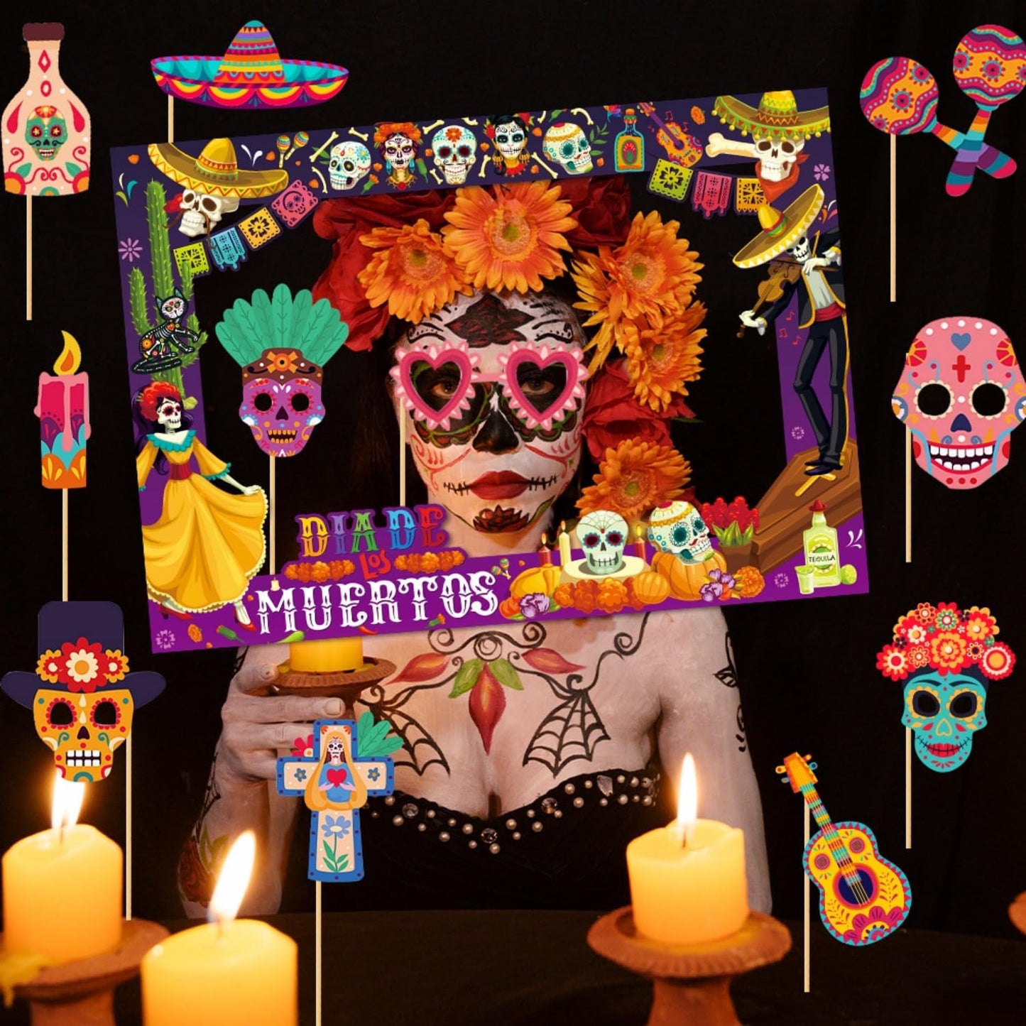 Day of The Dead Photo Booth Props Kit- 30Pcs Día de Los Muertos Party Selfie Props with Photo Booth Frame Cinco de Mayo Sugar Skull Photo Props for Mexican Halloween Party Decoration Supplies