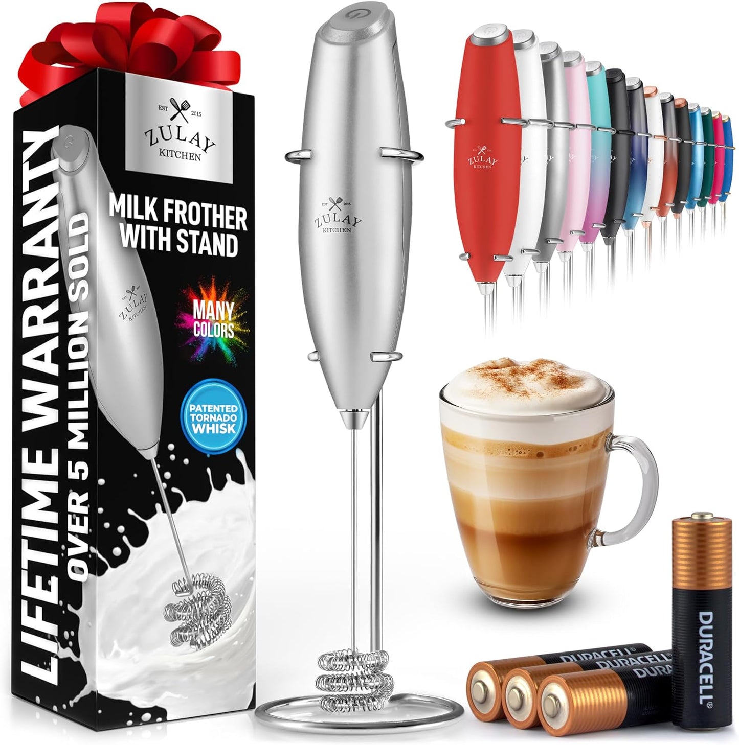 Zulay Kitchen Powerful Milk Frother Wand With Duracell Batteries - Ultra Fast Handheld Drink Mixer - Electric Whisk Foam Maker for Coffee, Lattes, Cappuccino & Matcha - Z1 Motor - Black - Colors C