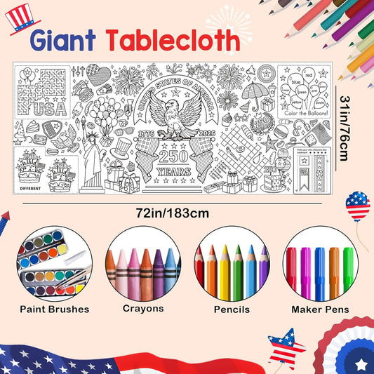 Joyline USA 1776-2026 250th Anniversary Coloring Poster for Kids - Patriotic Eagle Statue of Liberty American Flag Jumbo Tablecloth Kids Crafts Activities Toys Parties Classroom Decor 31x72 Inch