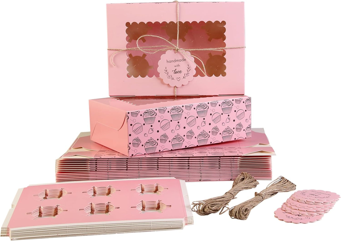20-Pack Brown Cupcake Boxes with Insert Trays, Tags and Twine | Food Grade Kraft Bakery Boxes with Window to Fit 6 Cupcakes