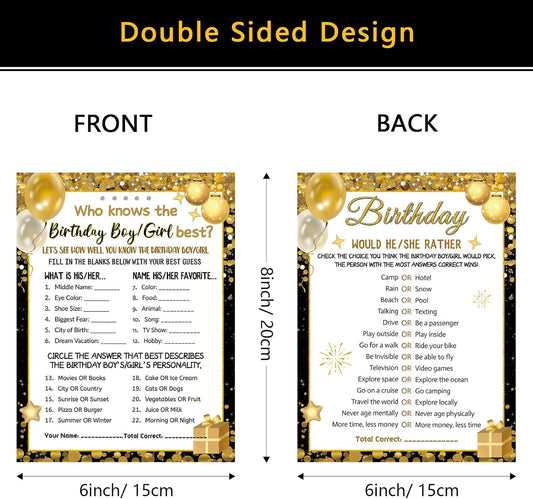 Who Knows The Birthday Boy Girl Best, Birthday Game Cards for Party Activities, Birthday Game Cards for Teens Kids Girls Boys Sleepover Party - Set of 30 (Black Gold, Double-Sided)