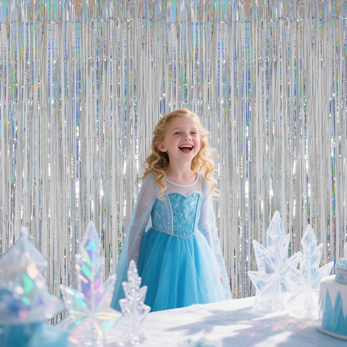 Iridescent Party Decorations Fringe Backdrop, Sparkling Holographic Foil Fringe Tinsel Curtains for Frozen Mermaid Birthday Party Decor - 3.28x6.56ft 2 Packs