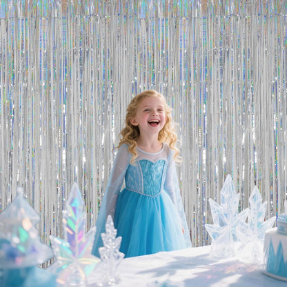Iridescent Party Decorations Fringe Backdrop, Sparkling Holographic Foil Fringe Tinsel Curtains for Frozen Mermaid Birthday Party Decor - 3.28x6.56ft 2 Packs