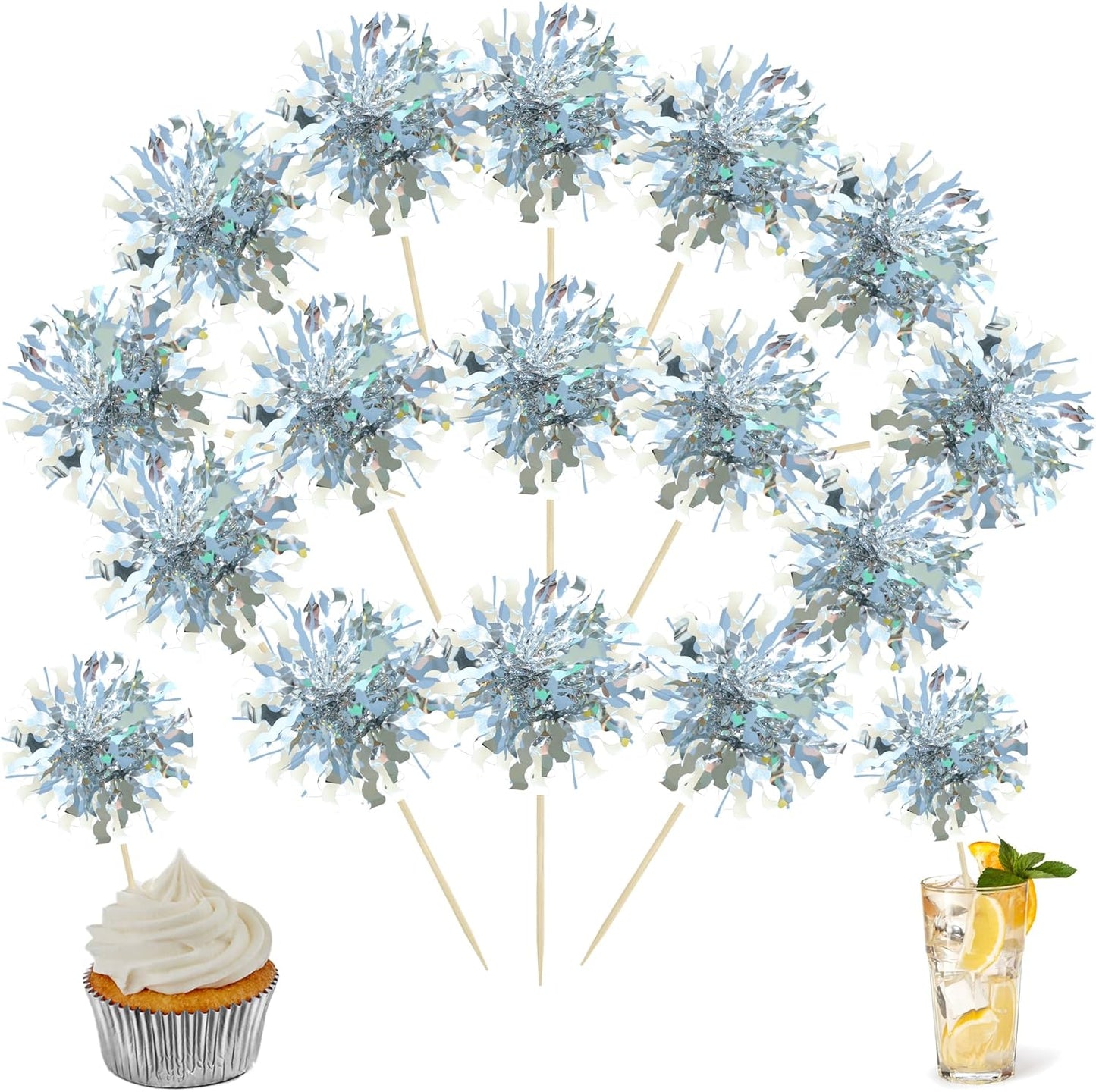 Ephlyn 30Pcs Foil Firework Cupcake Toppers Sparkle Tinsel Cupcake Picks Drink Stirrers Cocktail Food Fruit Toothpicks for Baby Shower Graduation Party Supplies White