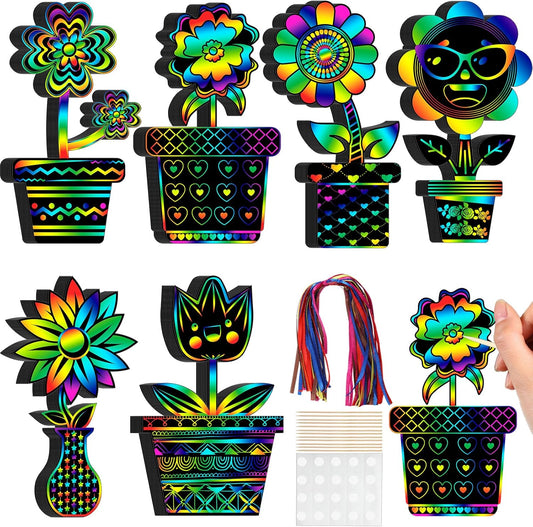 Hungdao 60 Pcs Flowers Scratch Cards Summer Scratch Paper for Kids Crafts with Bamboo Stylus and Ribbon for Home Classroom School DIY Mother's Day (Floral)