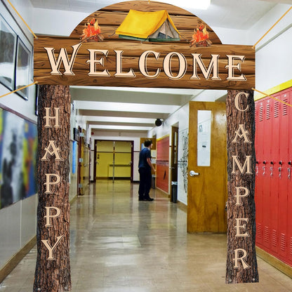 Peryiter 3 Pcs Camping Themed Party Decorations Banner Welcome Porch Sign with 1 Double Sided Tape for Summer Camp Birthday Hawaii Baby Shower Themed Party Activity Decor door (Forest Style)