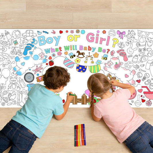 Boy or Girl Giant Coloring Poster Tablecloth Gender Reveal Game Decorations Baby Shower Activities - Large Coloring Poster Table Cloth DIY Drawing Paper Sheet (31x70in)