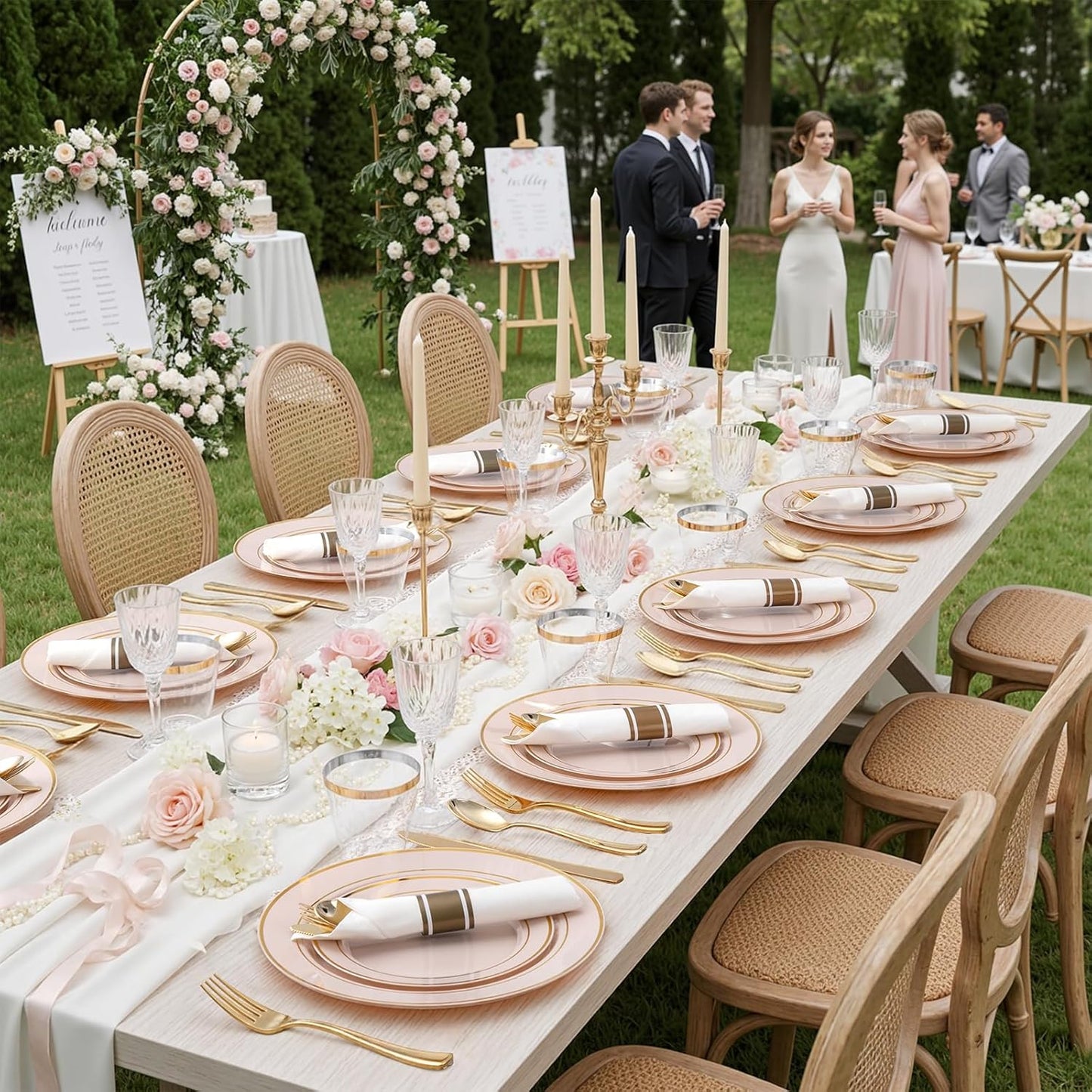 350 Pieces Black and Gold Plastic Plates with Disposable Silverware, Include 50 Dinner Plates 9”, 50 Dessert Plates 6.3”, 50 Black Cups 9 OZ, 50 Pre Rolled Napkins for Wedding Party Graduation