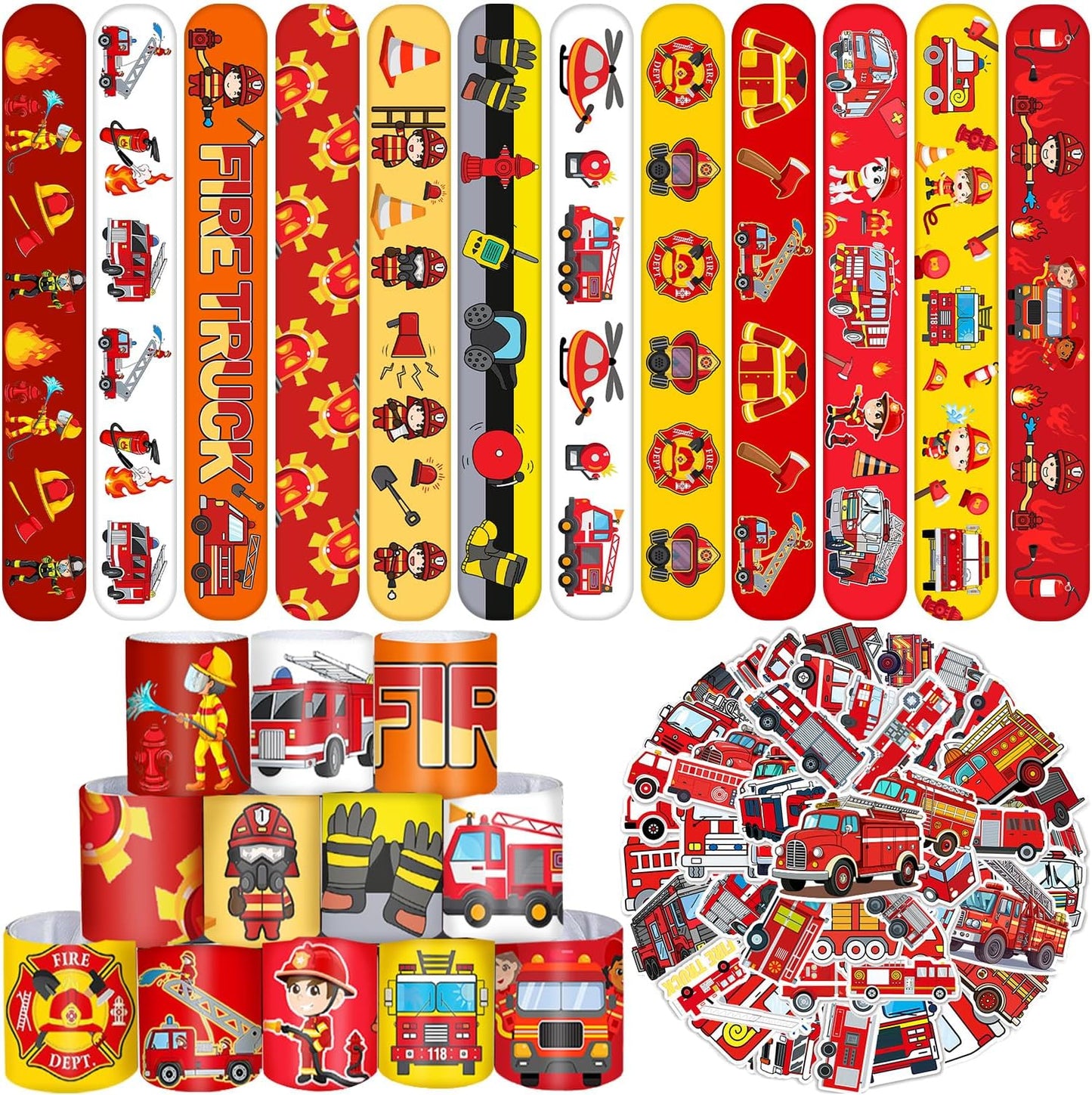 86PCS Fire Truck Party Favors 36PCS Fire Truck Slap Bracelets 50PCS Kids Fire Truck Stickers Firefighter Snap Bracelet for Kids Fire Truck Birthday Decorations Classroom Rewards Prizes