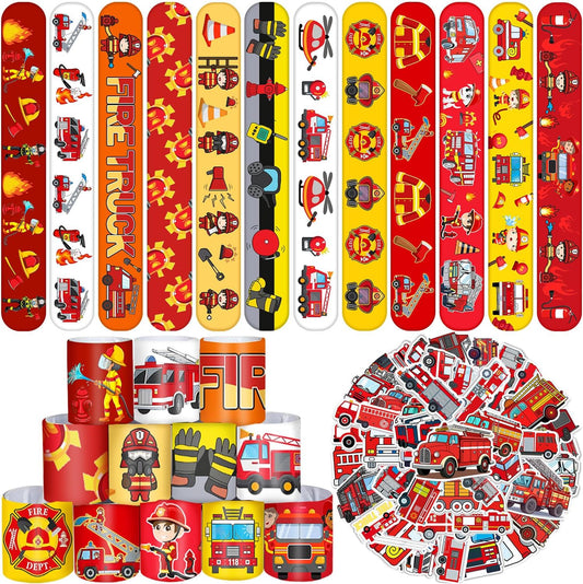 86PCS Fire Truck Party Favors 36PCS Fire Truck Slap Bracelets 50PCS Kids Fire Truck Stickers Firefighter Snap Bracelet for Kids Fire Truck Birthday Decorations Classroom Rewards Prizes