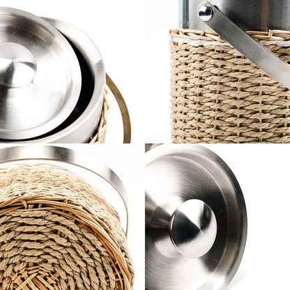 Handwoven 3L Stainless Steel Ice Bucket with Lid and Ice Tongs, Large Insulated Chilling Bucket Handcrafted Wicker Paper Rope for Party Wedding Home Bar Decor