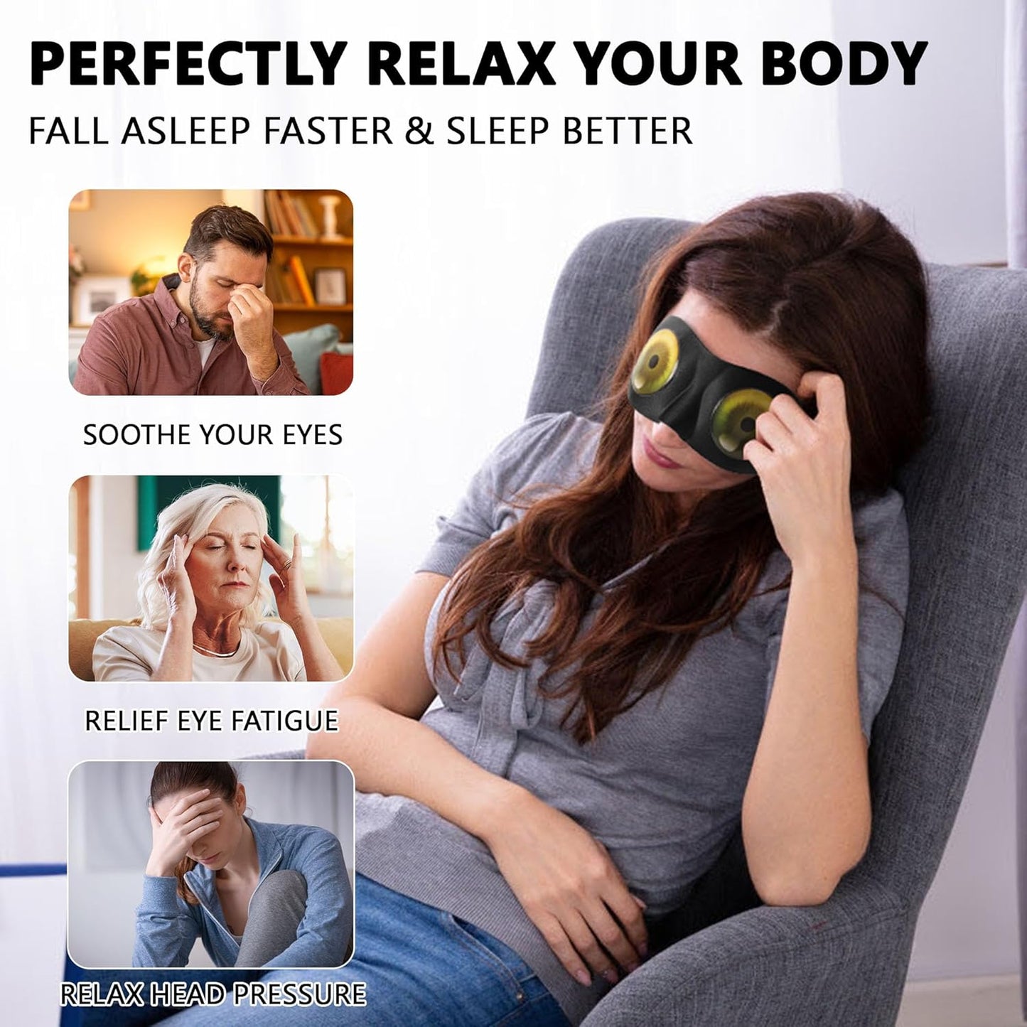 Sleep Eye Mask for Men Women Kids Funny 3D Sleeping Mask Adjustable Strap 2 Pack Eye Shade Cover for Travel, Black(Assorted A)