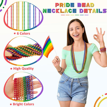 EOBOH 144PCS Mardi Gras Beads, Metallic 12 Kinds Bead Necklace Party Supplies, 33" Mardi Gras Necklace Costume Stuff, Festival Parade Throw Accessories for Wedding Birthday Celebrations Decorations