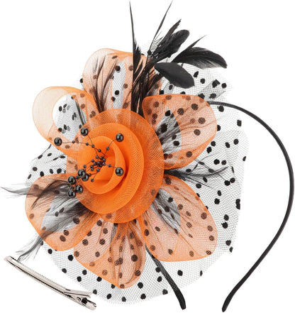 DRESHOW Fascinators Hat Flower Mesh Ribbons Feathers on a Headband and a Clip Tea Party Headwear for Girls and Women - Colors A