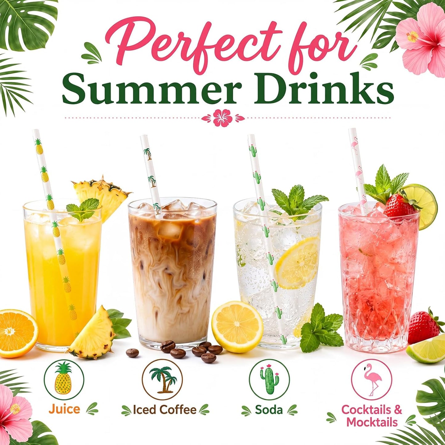 ALINK 100 Pack Tropical Paper Straws - 7.75" Biodegradable Hawaii Party Straws with Flamingo, Pineapple, Cactus & Coconut Tree Designs - Supplies for Luau, Beach Party, Birthday & Summer Cocktails