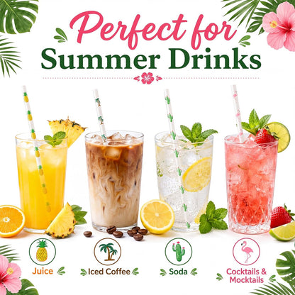 ALINK 100 Pack Tropical Paper Straws - 7.75" Biodegradable Hawaii Party Straws with Flamingo, Pineapple, Cactus & Coconut Tree Designs - Supplies for Luau, Beach Party, Birthday & Summer Cocktails