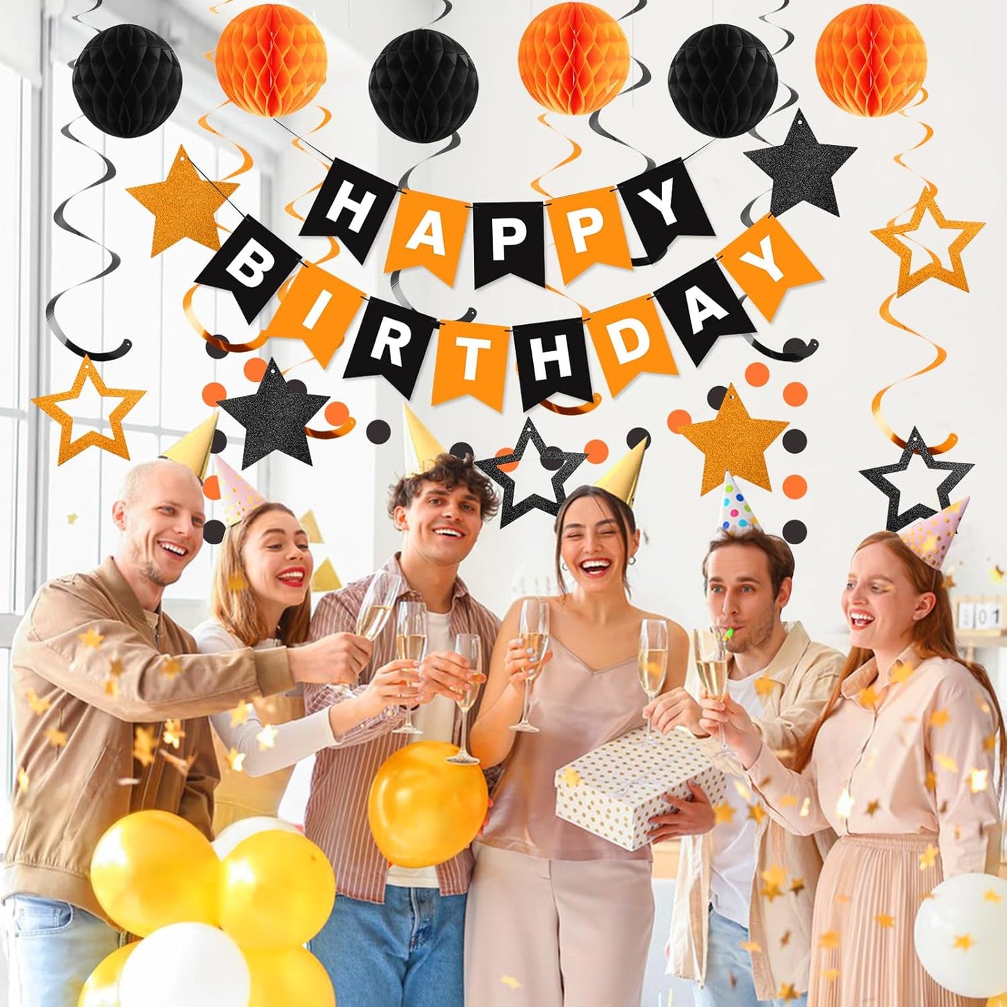 meowtastic Birthday Decorations, Happy Birthday Banner with Honeycomb Balls, Stars Hanging Swirl Streamers, Circle Dots Garland, Happy Birthday Party Decorations for Women Men Boys Girls (Blue)