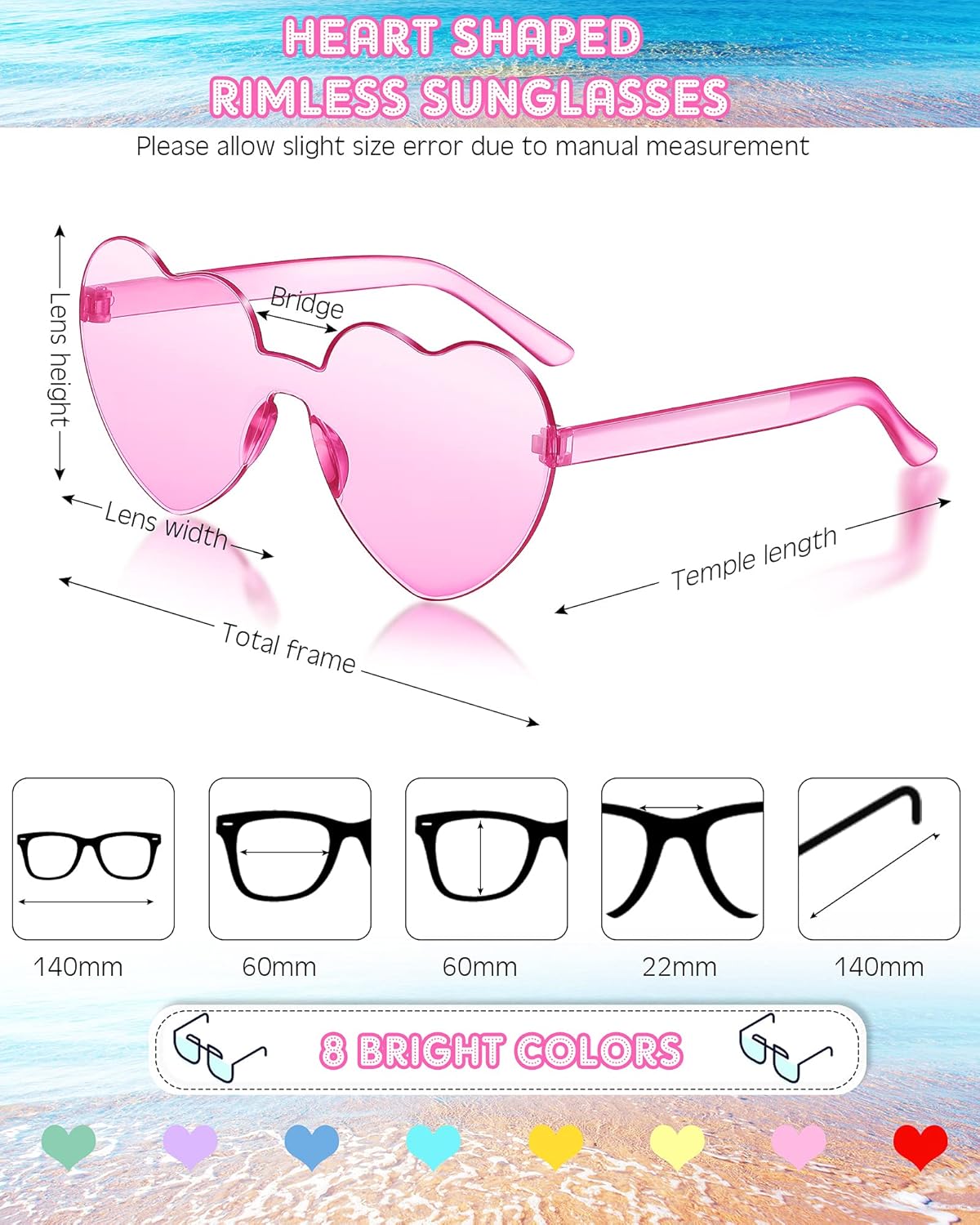 Frienda 8 Pairs Heart Shaped Sunglasses for Women Rimless Heart Glasses Candy Color Sunglasses for Party Favor