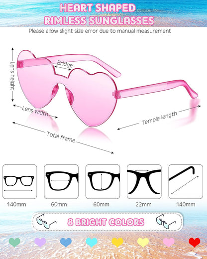 Frienda 8 Pairs Heart Shaped Sunglasses for Women Rimless Heart Glasses Candy Color Sunglasses for Party Favor